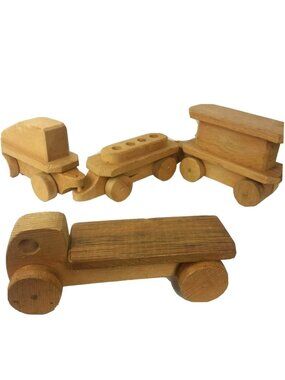 Vintage Unfinished Wood Toy Train Set Crafted Interlocking 4 piece Tow Truck Fun